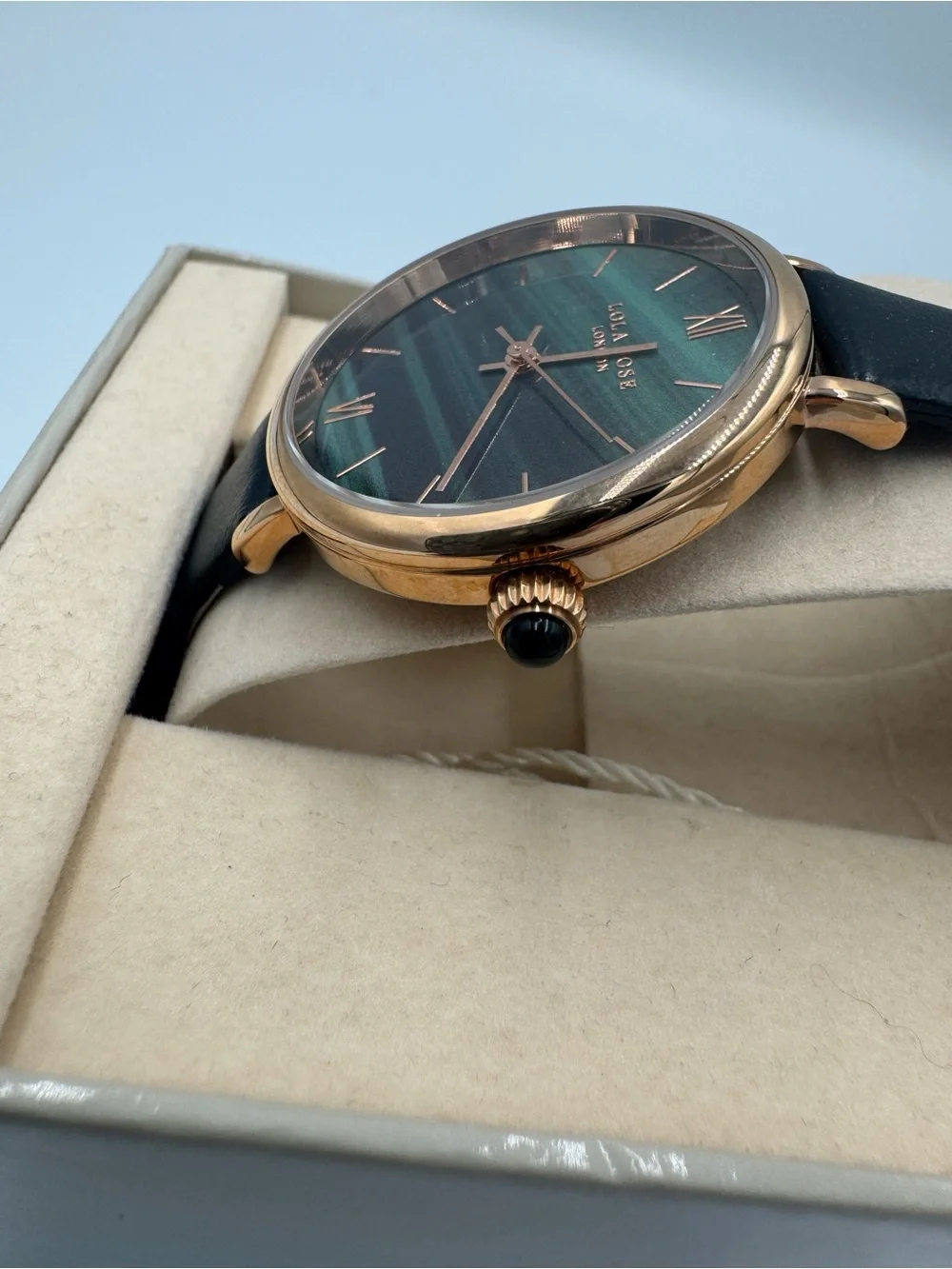 Beautiful Lola Rose Green Dial/ Rose Gold Roman Numeral & black leather strap